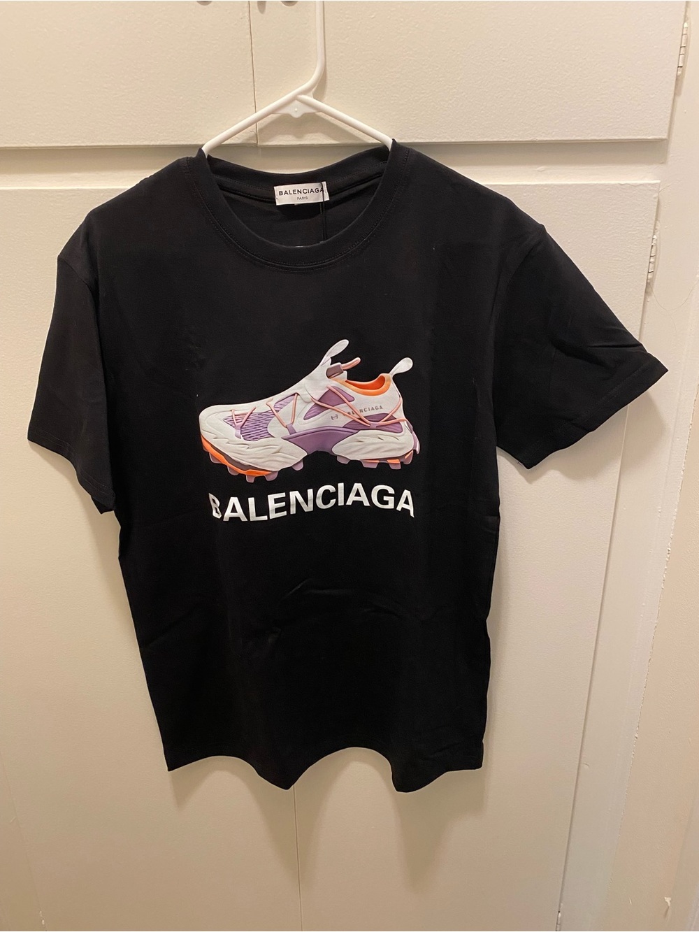 Balenciaga Black Tee with Purple & Orange Sneaker Print